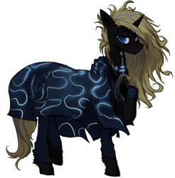 Size: 845x860 | Tagged: safe, artist:nsilverdraws, oc, oc:vuren sundown, horse, pony, unicorn, blonde, blue eyes, cloak, clothes, coat markings, female, grey hair, mare, mask, scruffy, simple background, solo, sundown clan, transparent background, wrinkles