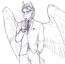Size: 2584x2550 | Tagged: safe, artist:askbubblelee, oc, oc only, oc:smokescreen, anthro, pegasus, cigarette, clothes, freckles, male, monochrome, necktie, simple background, sketch, smoking, solo, stallion, suit, white background, wing freckles