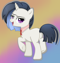 Size: 1024x1075 | Tagged: safe, artist:chaoscy, oc, oc only, oc:nuance harmoney, pony, unicorn, abstract background, bedroom eyes, blank flank, female, icey-verse, looking at you, magical lesbian spawn, mare, missing cutie mark, offspring, parent:octavia melody, parent:vinyl scratch, parents:scratchtavia, raised hoof, raised leg, solo