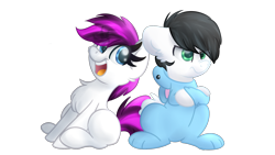 Size: 1920x1080 | Tagged: safe, artist:littleblackraencloud, edit, oc, oc only, oc:blitz flame, oc:ember frost, earth pony, pony, 2020 community collab, animal costume, bunny costume, chest fluff, clothes, costume, cute, derpibooru community collaboration, duo, easter, easter bunny, female, grumpy, holiday, male, mare, simple background, stallion, transparent background, ych result