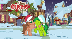 Size: 3499x1922 | Tagged: safe, artist:kathrinethegamerpony, oc, oc only, oc:evergreen feathersong, oc:kathrine, pegasus, pony, base used, christmas, female, hat, holiday, hug, mare, santa hat, snow