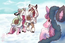 Size: 1280x854 | Tagged: safe, artist:laps-sp, oc, oc only, oc:amabili, oc:celia, oc:eranthe, pony, unicorn, cloak, clothes, female, mare, saddle bag, snow, wildling unicorn