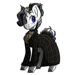 Size: 1050x1050 | Tagged: safe, artist:crimmharmony, oc, oc:shadow spade, unicorn, fallout equestria, fallout equestria: kingpin, beauty mark, blank, blank of rarity, blue eyes, choker, clothes, commissioner:genki, justice mare, lawbringer, ministry of image, not rarity, shading, shy, smiling, solo, translucent, trenchcoat, unicorn oc