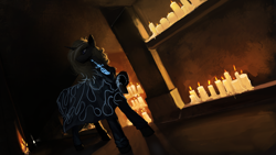 Size: 4800x2700 | Tagged: safe, alternate version, artist:nsilverdraws, oc, oc only, oc:vuren sundown, horse, pony, unicorn, 4k, blonde, blue eyes, candle, celtic, cloak, clothes, detailed, female, grey hair, magic cloak, mare, mask, runes, solo, sundown clan, wrinkles