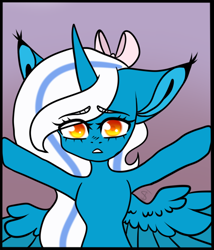 Size: 748x874 | Tagged: safe, artist:issime-boi, oc, oc:fleurbelle, alicorn, pony, adorable distress, alicorn oc, bow, cute, female, golden eyes, hair bow, mare