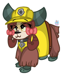 Size: 852x1013 | Tagged: safe, artist:rainbow eevee, yona, yak, bow, clothes, cloven hooves, collar, female, hair bow, hard hat, looking up, monkey swings, paw patrol, rubble (paw patrol), simple background, solo, transparent background
