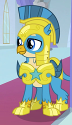 Size: 509x884 | Tagged: safe, screencap, gallus, griffon, the last problem, armor, cropped, helmet, male, older, older gallus, royal guard, royal guard armor, royal guard gallus, solo, wings