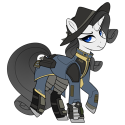 Size: 437x437 | Tagged: safe, artist:crimmharmony, oc, oc:shadow spade, pony, unicorn, fallout equestria, fallout equestria: kingpin, armor, armored legs, beauty mark, blank, blank of rarity, blue eyes, clothes, commissioner:genki, fanfic, fanfic art, fedora, female, gun, handgun, hat, hooves, horn, justice mare, lawbringer, mare, not rarity, pipboy, pipbuck, raised hoof, revolver, shoes, simple background, solo, stable 232, transparent background, unicorn oc, vault suit, weapon