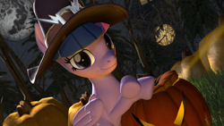 Size: 1920x1080 | Tagged: safe, artist:cider-crave, twilight sparkle, twilight sparkle (alicorn), alicorn, pony, 3d, halloween, hat, holiday, jack-o-lantern, moon, pumpkin, solo, witch hat