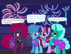 Size: 1440x1080 | Tagged: safe, artist:徐詩珮, fizzlepop berrytwist, glitter drops, spring rain, tempest shadow, twilight sparkle, twilight sparkle (alicorn), alicorn, unicorn, series:sprglitemplight diary, series:sprglitemplight life jacket days, series:springshadowdrops diary, series:springshadowdrops life jacket days, alternate universe, bisexual, broken horn, clothes, cute, dialogue, equestria girls outfit, female, glitterbetes, glitterlight, glittershadow, happy new year 2020, horn, lesbian, lifeguard, lifeguard spring rain, polyamory, shipping, sprglitemplight, spring rain is not amused, springbetes, springdrops, springlight, springshadow, springshadowdrops, swimsuit, tempestbetes, tempestlight, unamused, whistle, whistle necklace, whistle thief