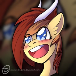 Size: 1024x1024 | Tagged: safe, artist:obscuredragone, oc, oc:silver veil, pony, unicorn, big eyes, blushing, brown hair, brown mane, commission, ear fluff, female, grin, happy, horns, mare, open mouth, smiley face, smiling, solo, ych result