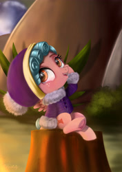 Size: 4250x6000 | Tagged: safe, artist:darksly, cozy glow, pegasus, pony, frenemies (episode), absurd resolution, clothes, cozybetes, cute, female, filly, foal, freckles, hat, open mouth, scene interpretation, sitting, solo, tree stump, underhoof, winter outfit