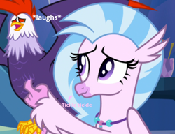 Size: 500x384 | Tagged: safe, artist:gooeybird, edit, edited screencap, screencap, silverstream, cockatrice, hippogriff, student counsel, added captions, cropped, duo, edith (cockatrice), female, laughing, tickling, wings