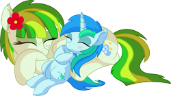 Size: 9573x5356 | Tagged: safe, artist:cyanlightning, oc, oc only, oc:cyan lightning, oc:green lightning, pegasus, pony, unicorn, .svg available, absurd resolution, blushing, clothes, colt, cute, duo, eyes closed, female, flower, flower in hair, folded wings, male, mare, mother and child, mother and son, ocbetes, parent and child, scarf, simple background, sleeping, smiling, transparent background, vector, wings