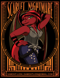 Size: 612x792 | Tagged: safe, artist:samoht-lion, oc, oc only, oc:scarlet nightmare, anthro, bat pony, anthro oc, arm behind head, bat pony oc, clothes, female, hat, lidded eyes, mare, smiling, solo, text