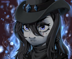 Size: 2200x1800 | Tagged: safe, artist:hikkara, oc, oc:frontier justice, oc:shadow spade, anthro, fallout equestria, fallout equestria: kingpin, alter ego, aura, bandana, bangs, beauty mark, black eyeshadow, blank, blank of rarity, blue eyes, commissioner:genki, cowboy hat, discharge, edgy, female, hat, justice mare, magic, magic aura, mare, messy mane, mutation, scar, solo, unicorn oc, vigilante, wet mane