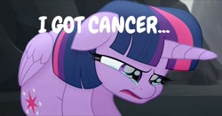 Size: 670x350 | Tagged: safe, edit, edited screencap, screencap, twilight sparkle, twilight sparkle (alicorn), alicorn, my little pony: the movie, background pony strikes again, cancer (disease), crying, op is a cuck, op is trying to start shit, sad, solo, why