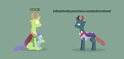 Size: 8847x4205 | Tagged: safe, artist:gd_inuk, pharynx, princess ember, thorax, changedling, changeling, absurd resolution, blank eyes, blushing, changedling brothers, crush plush, dialogue, duo, embarrassed, empty eyes, green background, implied embrax, king thorax, lineless, no mouth, no pupils, palindrome get, pharynx is not amused, plushie, prince pharynx, simple background, sitting, stylized, surprised