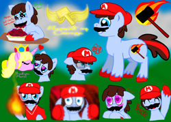 Size: 2100x1500 | Tagged: safe, artist:khough, earth pony, pony, cap, crown, female, food, hammer, hat, heart eyes, jewelry, male, mare, mario, mario's hat, pasta, ponified, princess peach, regalia, spaghetti, stallion, super mario bros., unshorn fetlocks, wingding eyes