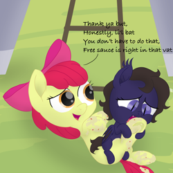 Size: 4000x4000 | Tagged: safe, artist:darkshock, apple bloom, oc, oc:shadow faith, bat pony, earth pony, pony, 5-year-old, applesauce, blank flank, canon x oc, dialogue, female, filly, hind legs, hoof licking, hug, leg hug, licking, on back, size difference, underhoof