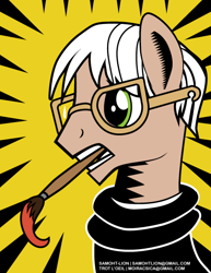 Size: 449x581 | Tagged: safe, artist:samoht-lion, earth pony, pony, abstract background, andy warhol, bust, clothes, glasses, male, mouth hold, paintbrush, ponified, pop art (character), solo, stallion