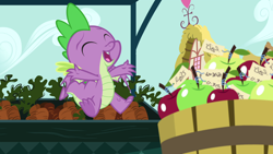 Size: 1920x1080 | Tagged: safe, screencap, spike, dragon, the big mac question, apple, carrot, food, happy, solo, winged spike