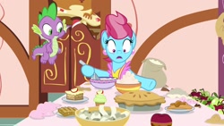 Size: 1920x1080 | Tagged: safe, screencap, cup cake, spike, dragon, pony, the big mac question, apple, bowl, food, paper, pie, winged spike