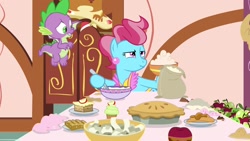 Size: 1920x1080 | Tagged: safe, screencap, cup cake, spike, dragon, earth pony, pony, the big mac question, apple, baby dragon, baking, bowl, claws, female, flour, flying, food, male, mare, mrs. cake is not amused, narrowed eyes, paper, pie, raised eyebrow, scrunchy face, unamused, winged spike