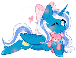 Size: 826x636 | Tagged: safe, artist:rednineuwu, oc, oc:fleurbelle, alicorn, pony, adorable face, alicorn oc, blushing, bow, bowtie, cute, ear fluff, female, golden eyes, hair bow, heart, mare, one eye closed, smiley face, smiling, smiling at you, sweet, teddy bear, wink