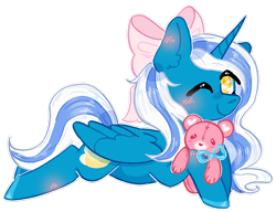 Size: 826x636 | Tagged: safe, alternate version, artist:rednineuwu, oc, oc:fleurbelle, alicorn, pony, adorable face, alicorn oc, bow, bowtie, cute, ear fluff, female, golden eyes, hair bow, mare, one eye closed, smiling, smiling at you, teddy bear, toy, wink, winking at you