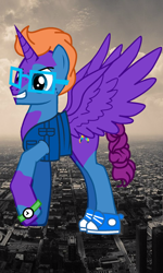 Size: 720x1202 | Tagged: safe, artist:calebtyink, edit, oc, oc only, oc:clepsydra, alicorn, pony, pony creator, alicorn oc, city, cityscape, clothes, freckles, giant pony, glasses, irl, macro, macro/micro, male, photo, photo edit, shoes, solo, spread wings, stallion, watch, wings
