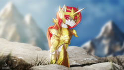 Size: 1920x1080 | Tagged: safe, artist:zidanemina, oc, oc:burning sunlight, pony, anime, armor, crossover, female, not sunset shimmer, saint seiya, solo