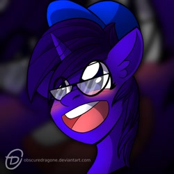 Size: 1024x1024 | Tagged: safe, artist:obscuredragone, oc, pony, unicorn, big eyes, blushing, cap, commission, ear fluff, glasses, grin, happy, hat, horn, male, open mouth, smiley face, smiling, solo, stallion, ych result