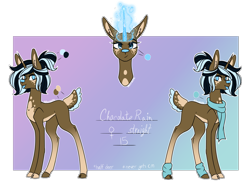 Size: 1652x1199 | Tagged: safe, artist:moonwolf96, oc, oc:chocolate rain, deer, deer pony, original species, clothes, deer magic, female, magic, reference sheet, scarf, solo, tongue out