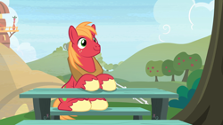Size: 1280x720 | Tagged: safe, screencap, big macintosh, earth pony, pony, the big mac question, apple, apple tree, cute, cutie mark, food, hill, macabetes, male, smiling, solo, stallion, table, this is fine, tree