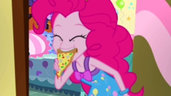 Size: 1920x1080 | Tagged: safe, screencap, pinkie pie, equestria girls, rainbow rocks, bed, clothes, cute, diapinkes, eyes closed, female, food, happy, mouth hold, pajamas, pinkie being pinkie, pinkie's bedroom, pizza, sleeveless, solo, you're doing it wrong