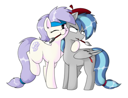 Size: 2372x1816 | Tagged: safe, artist:pencil bolt, oc, oc:artstina, oc:dusty color, earth pony, pegasus, pony, beret, dustina, female, hat, headband, male, smiling