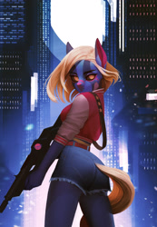 Size: 2126x3068 | Tagged: safe, artist:frieder1, oc, oc only, anthro, earth pony, adorasexy, anthro oc, black sclera, city, clothes, colored pupils, cute, cyberpunk, denim shorts, female, gun, looking at you, looking back, looking back at you, looking over shoulder, mare, sexy, solo, weapon, ych result