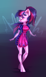 Size: 650x1100 | Tagged: safe, artist:cleverpon, sci-twi, twilight sparkle, anthro, unguligrade anthro, better together, equestria girls, spring breakdown, female, glasses off, looking at you, mare, missing accessory, no glasses, solo