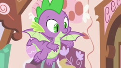 Size: 1920x1080 | Tagged: safe, screencap, spike, dragon, the big mac question, cute, cute little fangs, fangs, flying, male, smiling, solo, winged spike