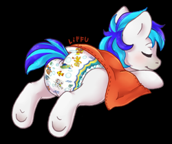 Size: 1081x906 | Tagged: safe, artist:liffu, oc, oc:hooklined, pony, baby, baby pony, blanket, diaper, female, filly, sleeping, ych result