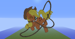 Size: 1600x838 | Tagged: safe, artist:racingcat, derpibooru import, applejack, earth pony, pony, game screencap, lasso, minecraft, minecraft pixel art, pixel art, rope, solo