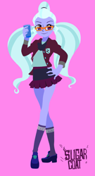 Size: 1199x2224 | Tagged: safe, artist:dadss_rootbeer, sugarcoat, equestria girls, clothes, crystal prep academy uniform, drink, female, glass, glasses, hand on hip, kneesocks, legs, looking at you, pigtails, pink background, school uniform, simple background, smiling, socks, solo, twintails