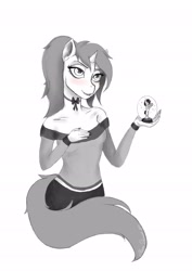 Size: 2480x3508 | Tagged: safe, artist:shanadessaint, oc, oc:plava, anthro, unicorn, bedroom eyes, black and white, choker, clothes, grayscale, horn, mane, monochrome, ponytail, snow globe, solo, tail, wip