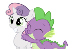 Size: 750x475 | Tagged: artist needed, safe, edit, editor:undeadponysoldier, spike, sweetie belle, dragon, pony, unicorn, cute, diasweetes, female, filly, happy, hug, hug from behind, male, shipping, simple background, spikebelle, straight, white background