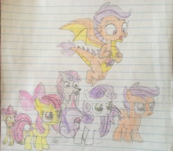 Size: 2792x2436 | Tagged: safe, artist:dupontsimon, apple bloom, scootaloo, sweetie belle, dog, dragon, kangaroo, fanfic:magic show of friendship, equestria girls, cutie mark crusaders, dogified, dragonified, fanfic art, lined paper, photo, puppy bloom, scootadragon, self ponidox, species swap, sweetie roo, traditional art