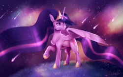 Size: 1930x1211 | Tagged: safe, artist:dumddeer, princess twilight 2.0, twilight sparkle, twilight sparkle (alicorn), alicorn, pony, the last problem, cheek fluff, chest fluff, crown, end of ponies, female, jewelry, mare, older, older twilight, regalia, shooting star, smiling, solo