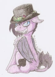 Size: 509x706 | Tagged: safe, artist:ravenpuff, oc, oc:puffy, bat pony, pony, hat, mare, solo, traditional art