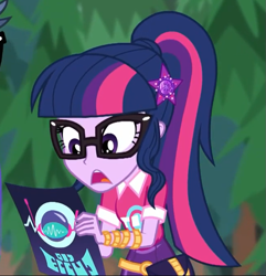 Size: 647x670 | Tagged: safe, screencap, microchips, sci-twi, twilight sparkle, better together, choose your own ending, equestria girls, the road less scheduled, the road less scheduled: microchips, clothes, cropped, female, geode of telekinesis, glasses, magical geodes, mc dex fx, offscreen character, ponytail, written equestrian