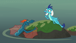 Size: 915x527 | Tagged: safe, artist:queencold, princess ember, oc, dragon, sea dragon, dragoness, duo, female, fins, rock, teenaged dragon, water, webbed fingers